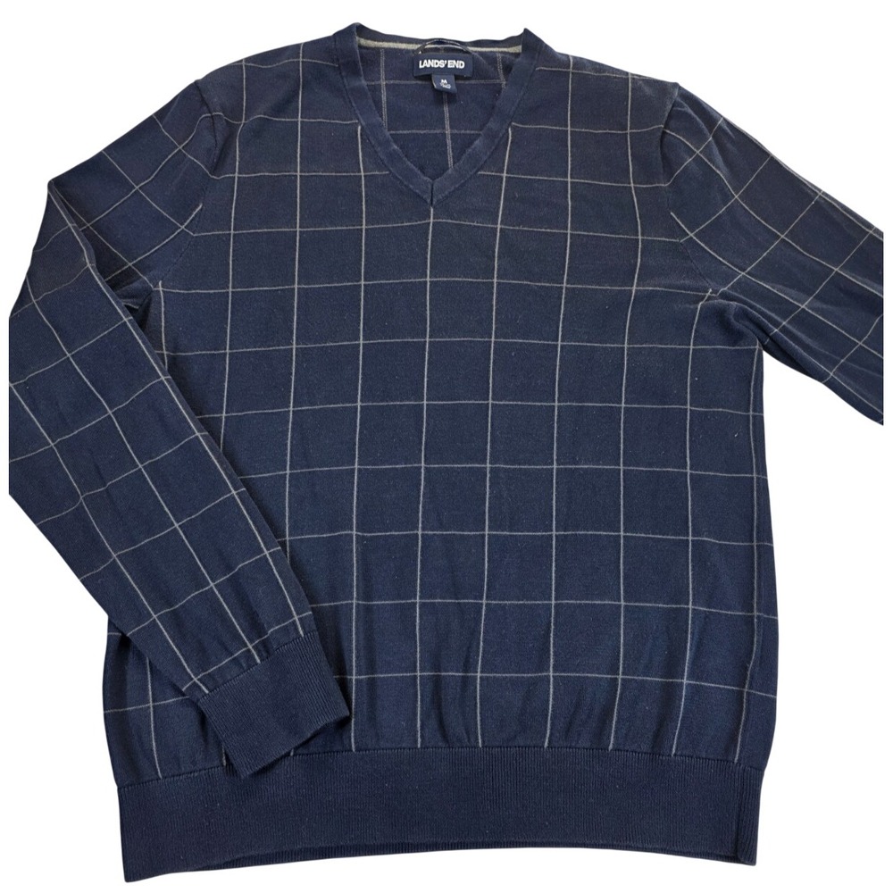 Lands End Mens Medium Sweater Lightweight‎ 100% Supima Cotton Navy Windowpane